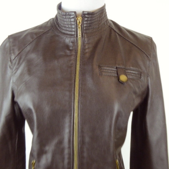 ARDEN B BROWN LEATHER ZIP MOTO lamb LEATHER JACKET S New - Picture 3 of 8